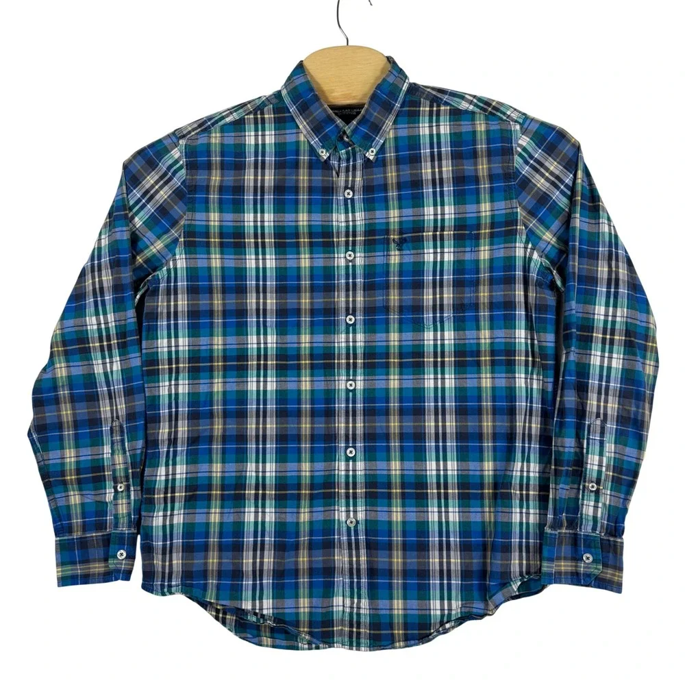 American Eagle Outfitters Shirt Blue Plaid Button‎ Down Mens Large L Preppy